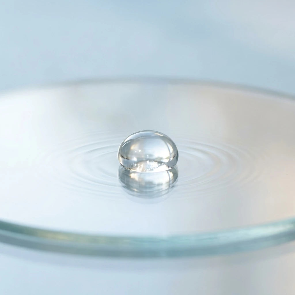 Clear liquid droplet on a pale blue background