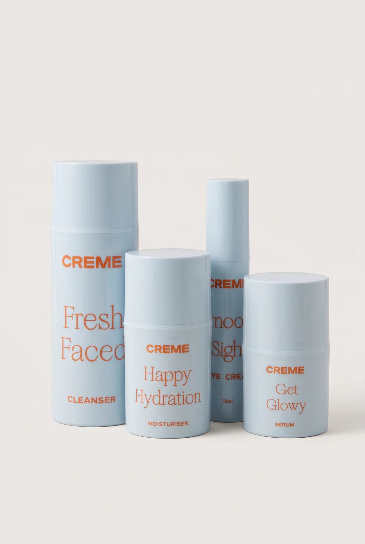 The four CREME skincare products on a neutral background
