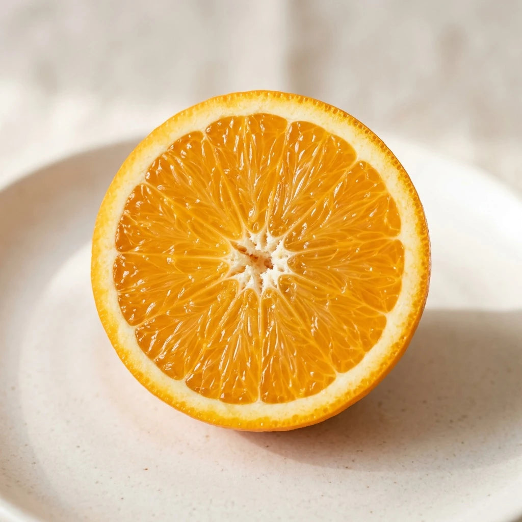 An orange half on a neutral surface
